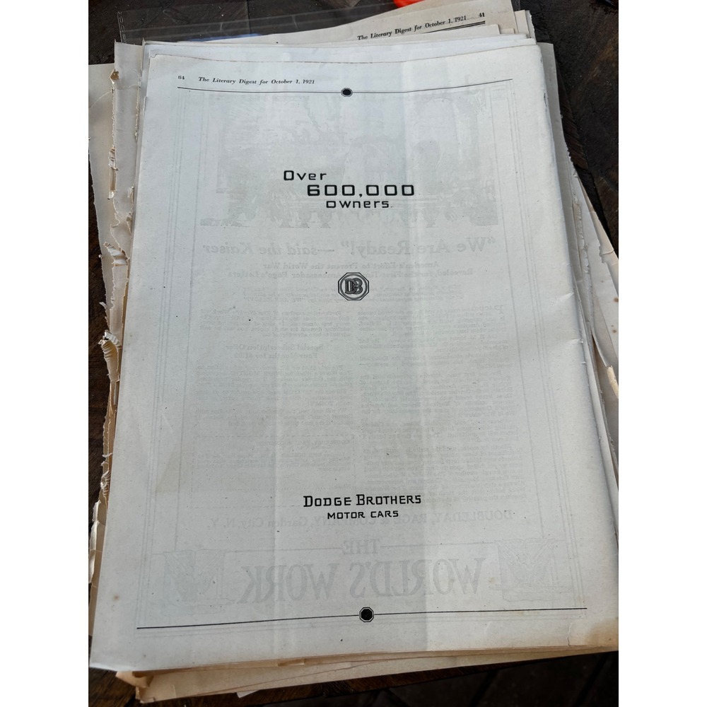 Vintage 1921 Literary Digest Ad Pages Dodge Brothers World War History Print